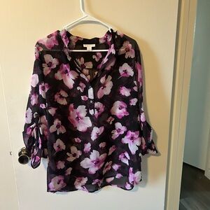 Charter Club Black and Pink Floral Cuffed Sheer Sleeve Blouse